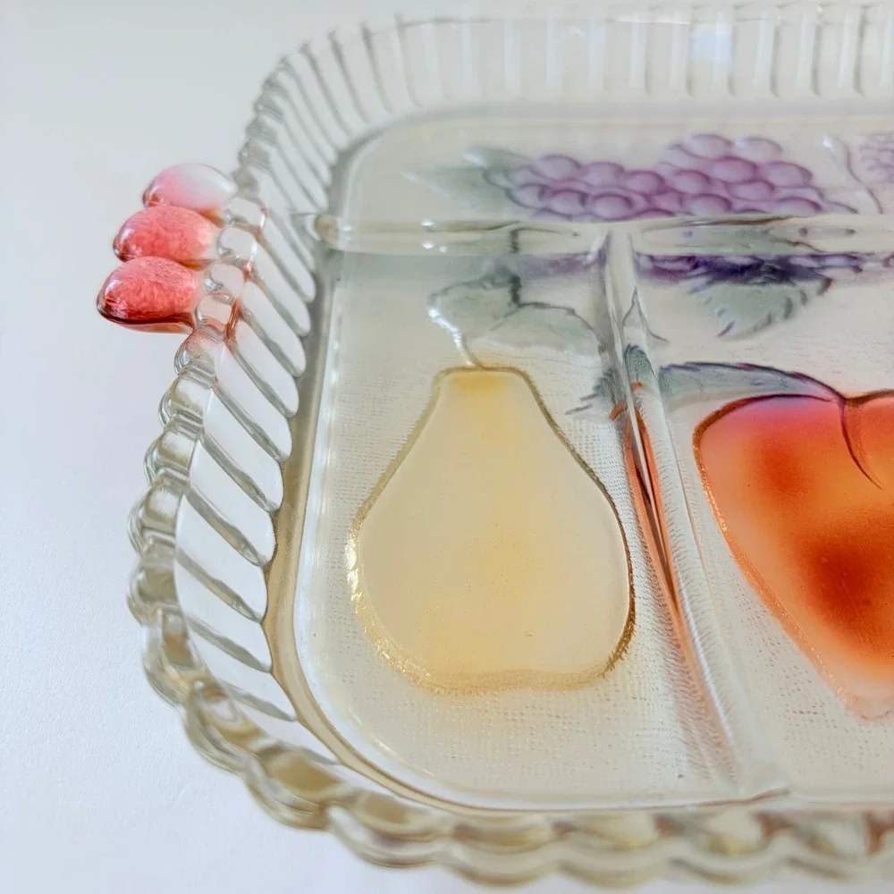 Vintage Iridescent Glass Fruit Divided Serving Tray Scalloped Edge Pink Handles